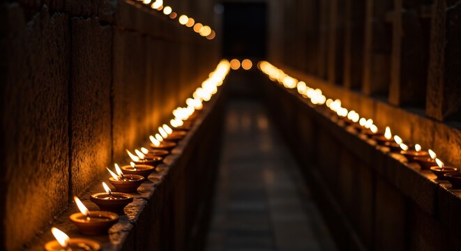 Rows of illuminated oil lamps line stone parapets creating symmetrical light trails in a dimly lit hallway