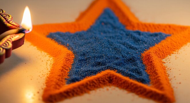 Rangoli star design with orange border filled with blue granules illuminated by a diya lamp on the side