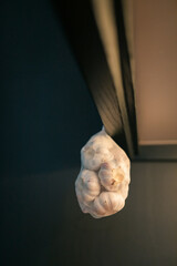 Bag full of garlic hanging in black kitchen