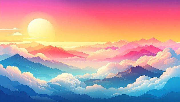 Colorful mountain range, clouds, sunrise