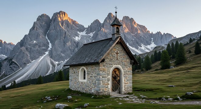 Picturesque stone chapel stands against majestic mountain range backdrop