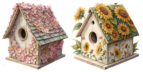 Enchanting birdhouses blooming with pink hydrangeas and vibrant sunflowers, adding a touch of whimsical charm to any garden, perfect for nature lovers
