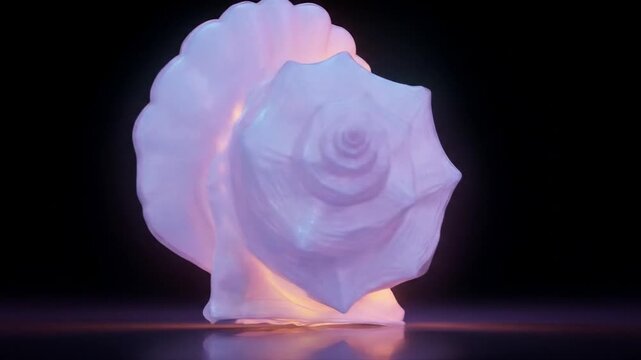 Illuminated seashell glowing with soft light against black background