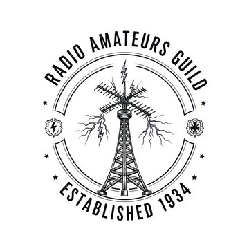 Vintage emblem for the Radio Amateurs Guild, featuring a stylized radio tower with lightning bolts and established date.