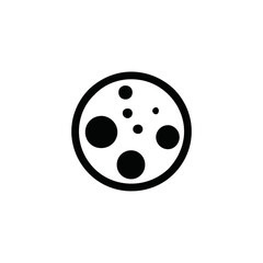 Simple black and white line art icon of the moon with craters. Minimalist celestial body symbol on a white background, vector graphic illustration