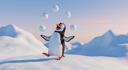Cheerful penguin juggling snowballs on snowy mountain background