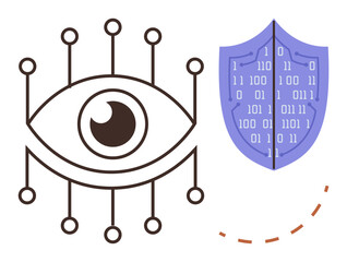 Eye with connecting network lines represents surveillance and a shield with binary code symbolizes data protection. Ideal for cybersecurity, privacy, network defense, encryption, safety, AI security