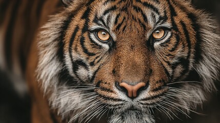 Fototapeta premium Tiger portrait featuring its face with striped fur and intense eyes.