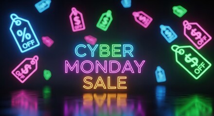 Neon Sale Sign with price tags and discount offers, shopping concept