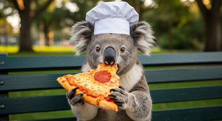 Koala wearing chef hat eating pizza outdoors with blurred background concept