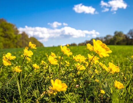 Bright yellow flowers in a grassy field under a partly cloudy blue sky