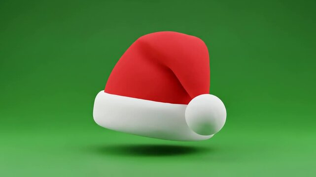 A festive red santa hat with a white fluffy trim and pompom, floating against a plain green background