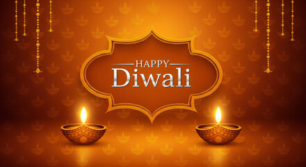 Happy Diwali greeting with two lit diyas and decorative elements on orange background festival lights