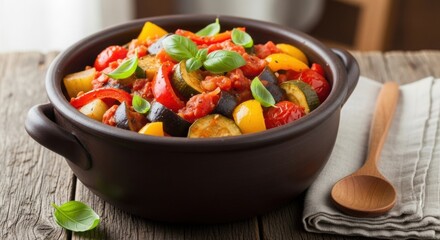 Colorful French ratatouille with zucchini, eggplant, peppers and tomato in clay pot.