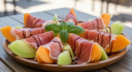Fresh melon slices wrapped with prosciutto and balsamic glaze.