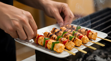 Delicious Chicken And Vegetable Skewers Grilling On A Barbecue For An Outdoor Feast With Friends On A Sunny Day