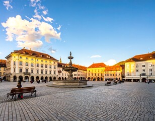 Fototapeta premium City square at sunset, people relaxing