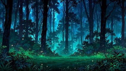 Fototapeta premium Enchanted Anime Forest with Glowing Fireflies
