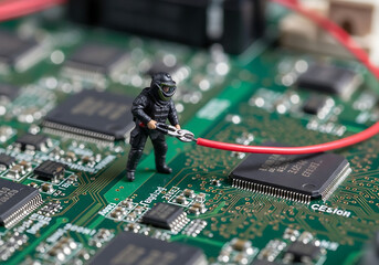 Miniature man cutting red wire on circuit board micro