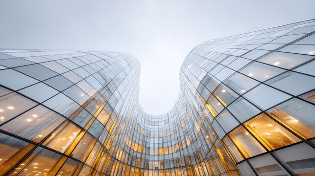 Architectural marvel of glass skyscrapers viewed from below against an overcast sky