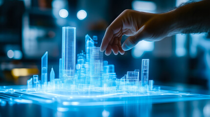 An architect brings architectural designs to life with 3D holographic construction models. The concept of innovation in architecture and futuristic design. Generative Ai.