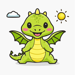 Fototapeta premium Cute green dragon smiles under the sun, adorable fantasy creature character