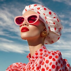 Stylish Woman in Pink Polka Dot Fashion with Sunglasses Under Blue Sky