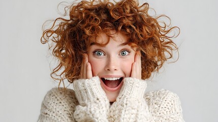Expressive Young Woman with Red Curly Hair Reacting with Wide-Eyed Surprise