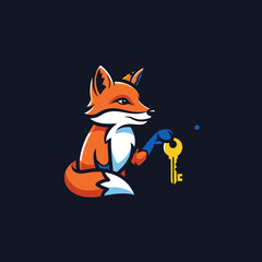 Obraz premium Cartoon fox holding a golden key with blue glove on dark blue background.