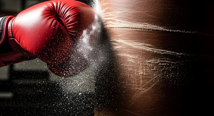 Dynamic Close-Up of a Red Boxing Glove Striking a Heavy Bag with Power and Precision in a Training Session Displaying Athletic Skill and Strength