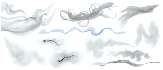 Various watercolor style smoke and fog effects on white background