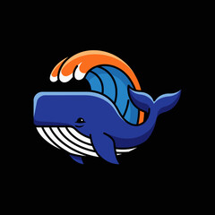 Naklejka premium A stylized illustration featuring a blue whale gracefully emerging from a vibrant orange and blue wave.