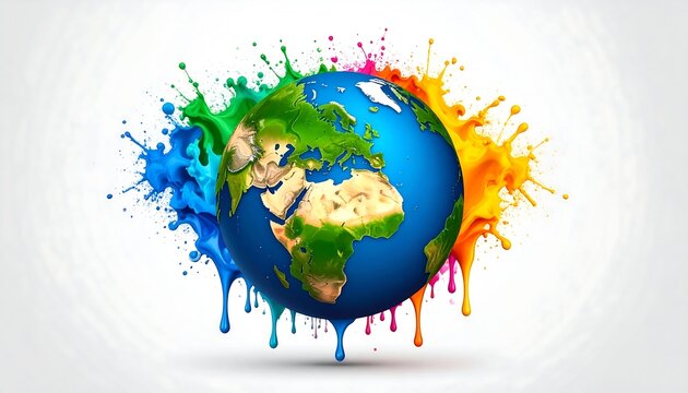 Colorful paint splatters surround Earth globe