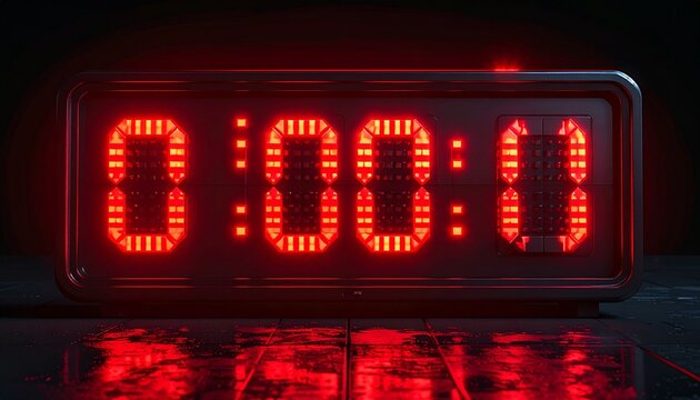 Countdown Clock Display: A digital clock displays the critical moment, showing '0:00:0' in a striking red hue against a dark backdrop, signifying the end of a specific duration.