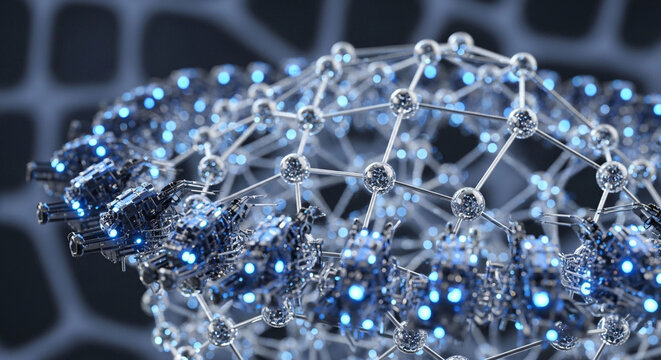 A closeup of a complex molecular structure with interconnected nodes and glowing lights, representing advanced technology and scientific innovation