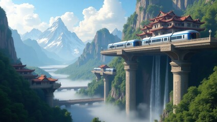Gravity-defying mountain resort perched on colossal pillars, magnetic trains gliding between platforms