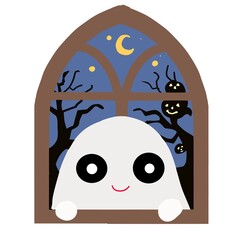 ハロウィンフレーム：ゴーストが窓から覗いている
