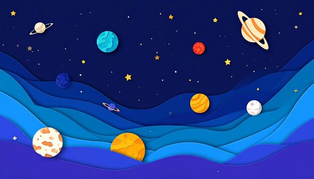 Colorful paper cut planets in space