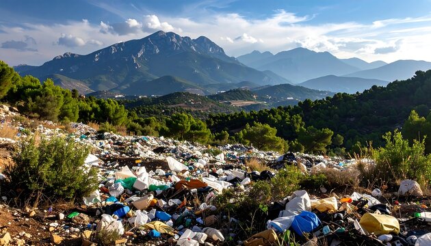 Mountain view of overflowing landfill - Powered by Adobe