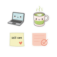 Laptop, matcha latte, and sticky notes with text self-care isolated PNG with Transparent Background
