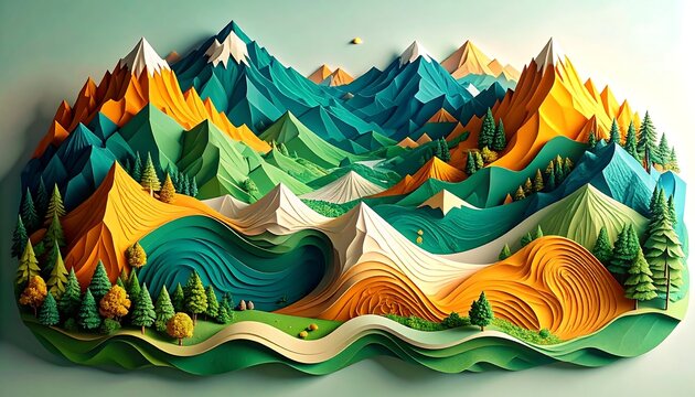 Colorful papercraft mountain landscape