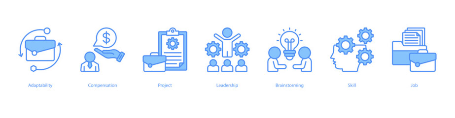Career Growth Strategy blue banner web icon set vector illustration concept with icon of adaptability, compensation, project, leadership, brainstorming, skill, job
