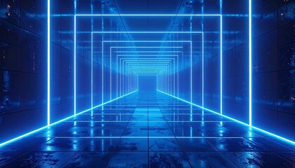 Obraz premium Neon Pathway: A mesmerizing tunnel of radiant blue neon lights, stretching into the depths, illuminating an abstract, futuristic corridor. 