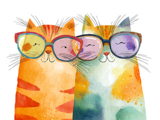 Two adorable watercolor cats wearing colorful eyeglasses radiate joy and friendship, perfect for charming designs.