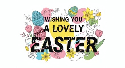 Obraz premium Happy Easter: Trendy Design with Typography, Hand-Drawn Spring Flowers Pattern, Modern Art Style, Horizontal Poster, Greeting Card, Website Banne