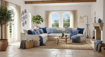 Bright Mediterranean living room with blue accents and rustic decor