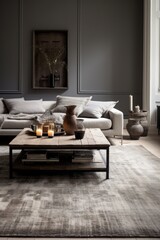 Warm and cozy living room interior with copy space, stylish beige sofa, pillow, coffee table and personal accessories. Home decor. Template