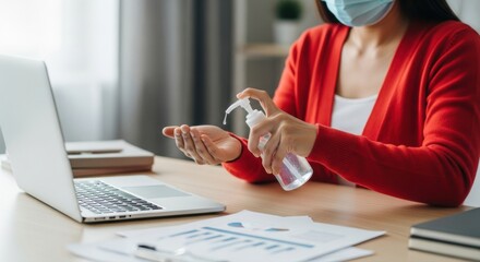 Woman in red sweater applying hand sanitizer near laptop and documents on a wooden desk surface