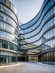 Fototapeta premium Modern glass office building with curved facade and blue toned interior walls