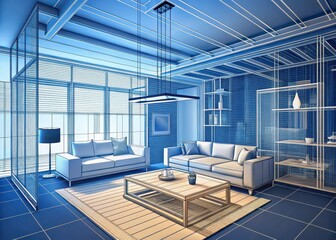Detailed wireframe drawings of a living room renovation
